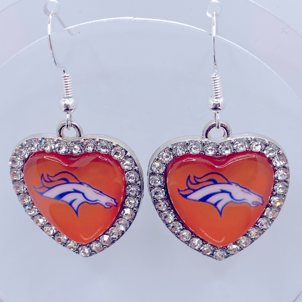 Silver tone heart shaped crystal orange Denver broncos sterling silver earrings